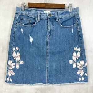 LOFT Outlet Denim Skirt‎ Womens Sz 6 Embroidered Floral Retro Cottagecore Casual